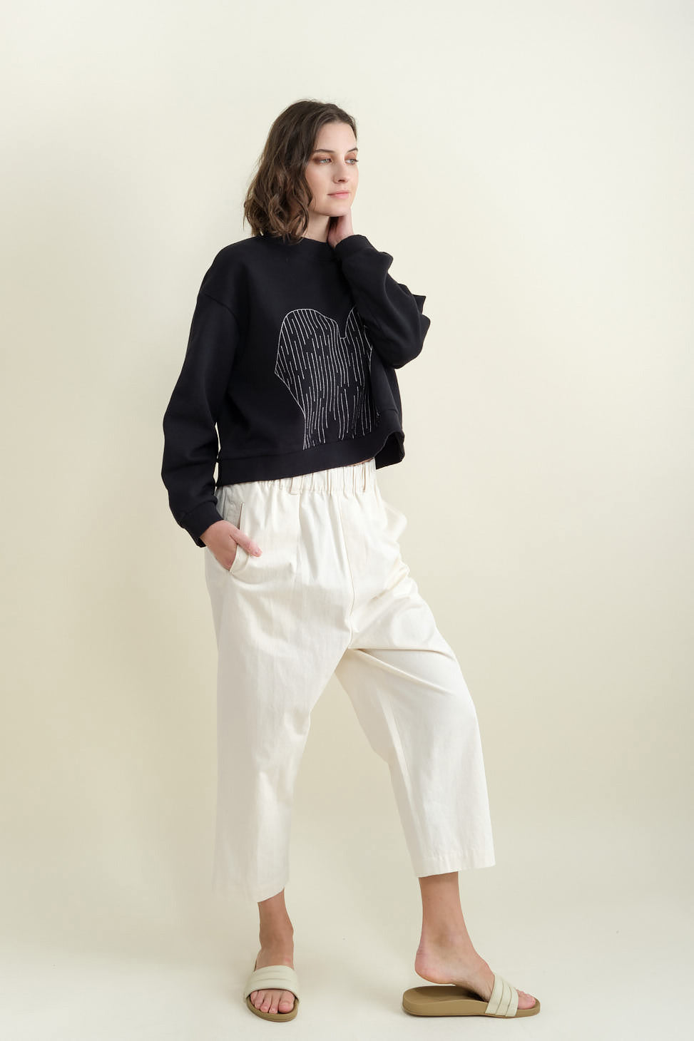 Elastic Drop Crotch Trousers in Off White