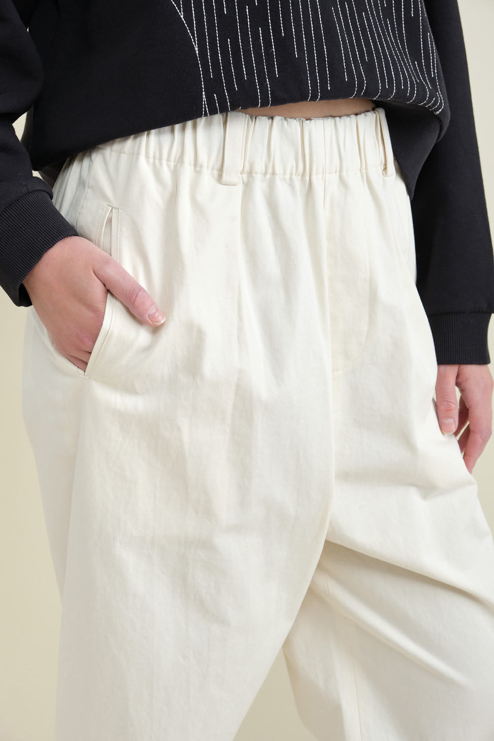 Pocket on Elastic Drop Crotch Trousers in Off White