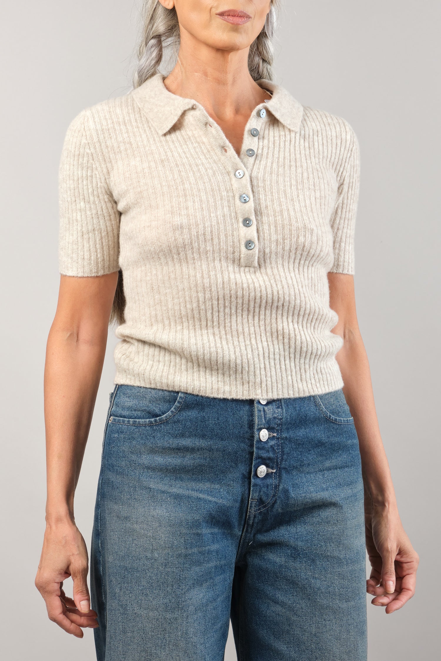 Front of Molly Collared Short Sleeve in Heather Dove