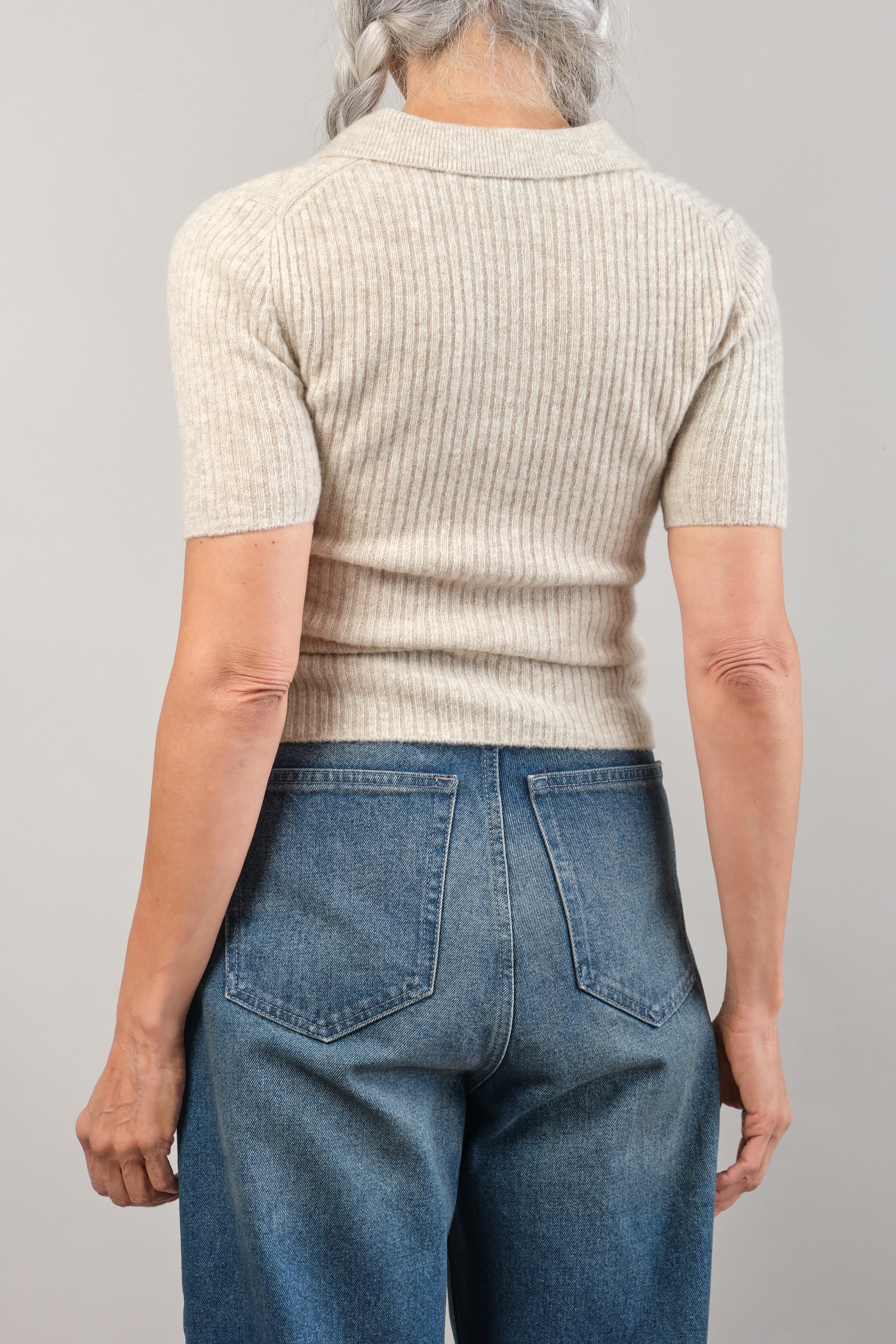 Back of Molly Collared Short Sleeve in Heather Dove