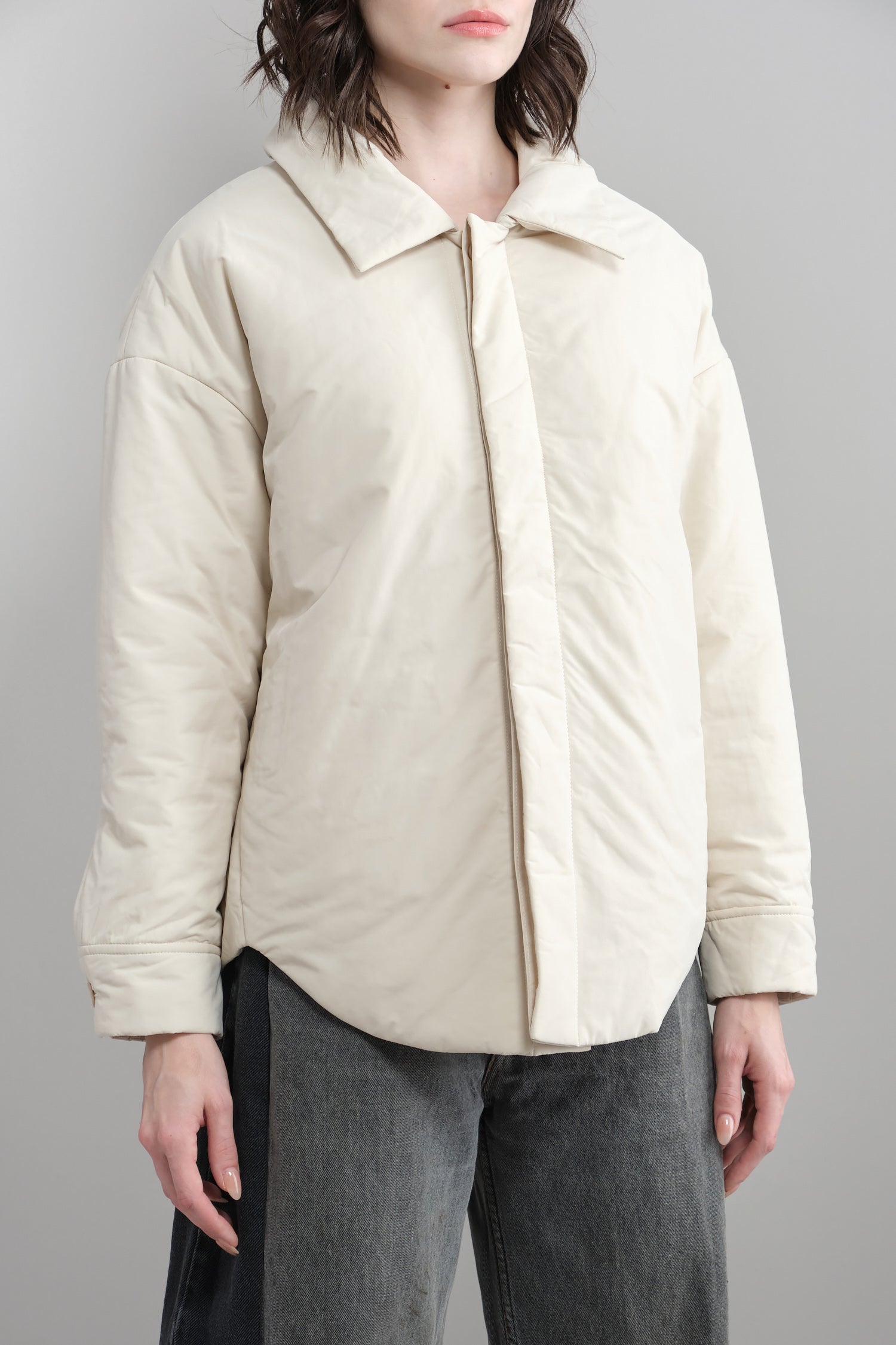 Front of Padded Shirt Jacket in Bone