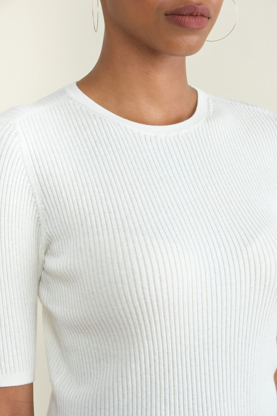 Neckline on Ribbed Short Sleeve Top in Off White