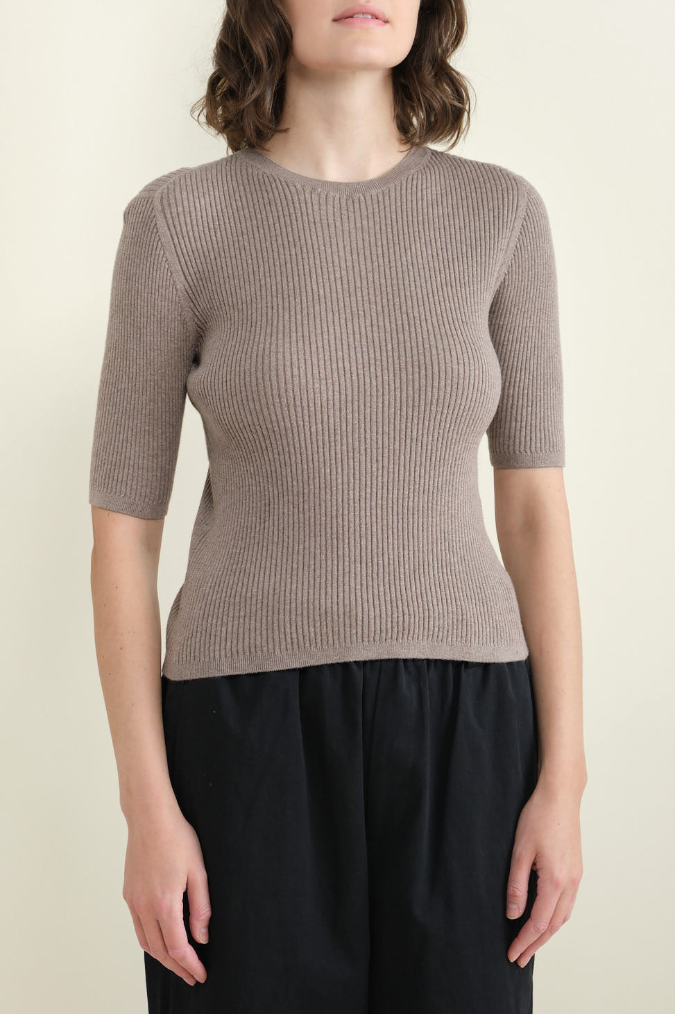 Front of Ribbed Short Sleeve Top in Pepper