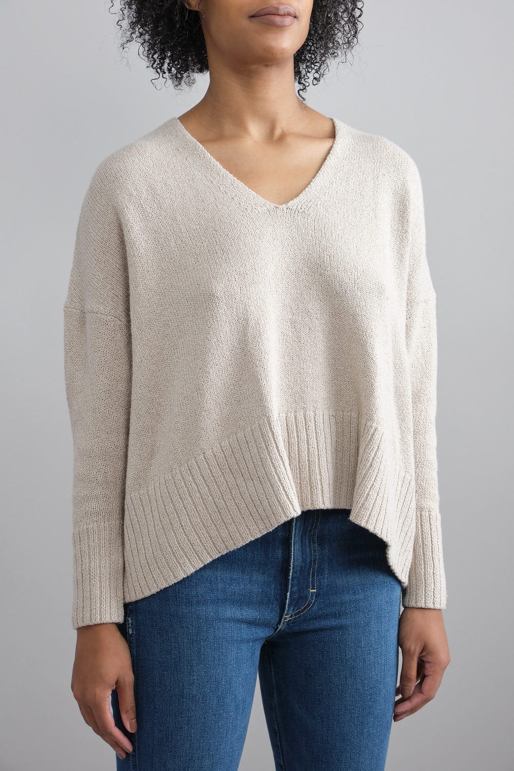 Front of V Neck Sweater in Chickpea