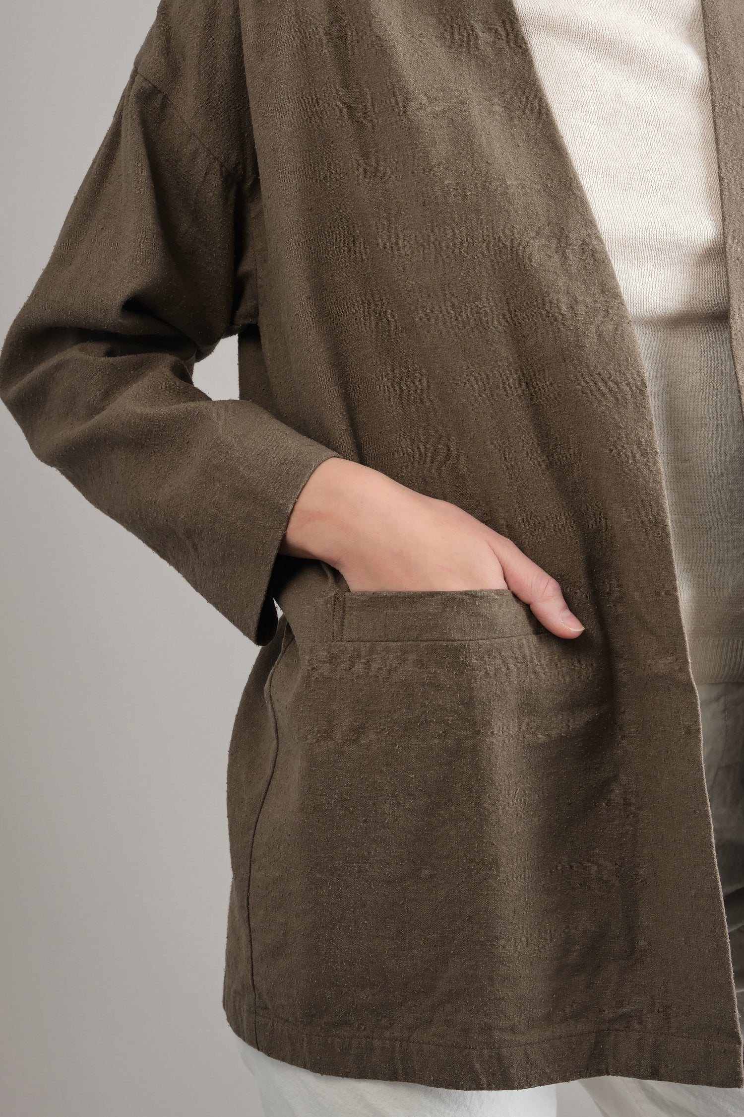 Front pocket on Silk Linen Jacket in Brown