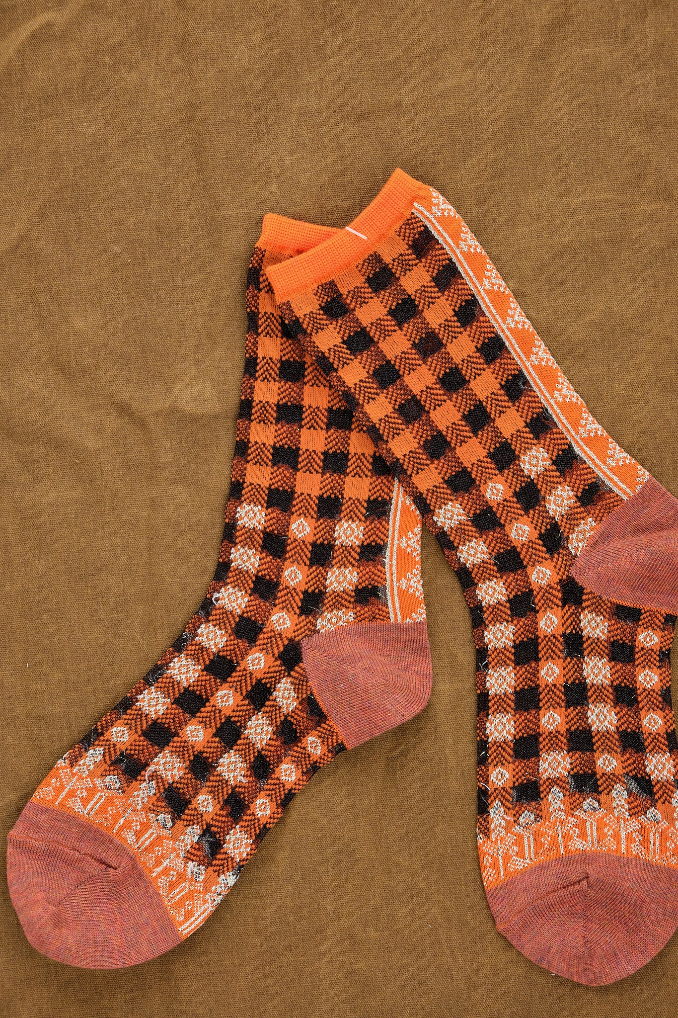 Kapital 144 Yarns Gingham Check See-Through Socks in Orange
