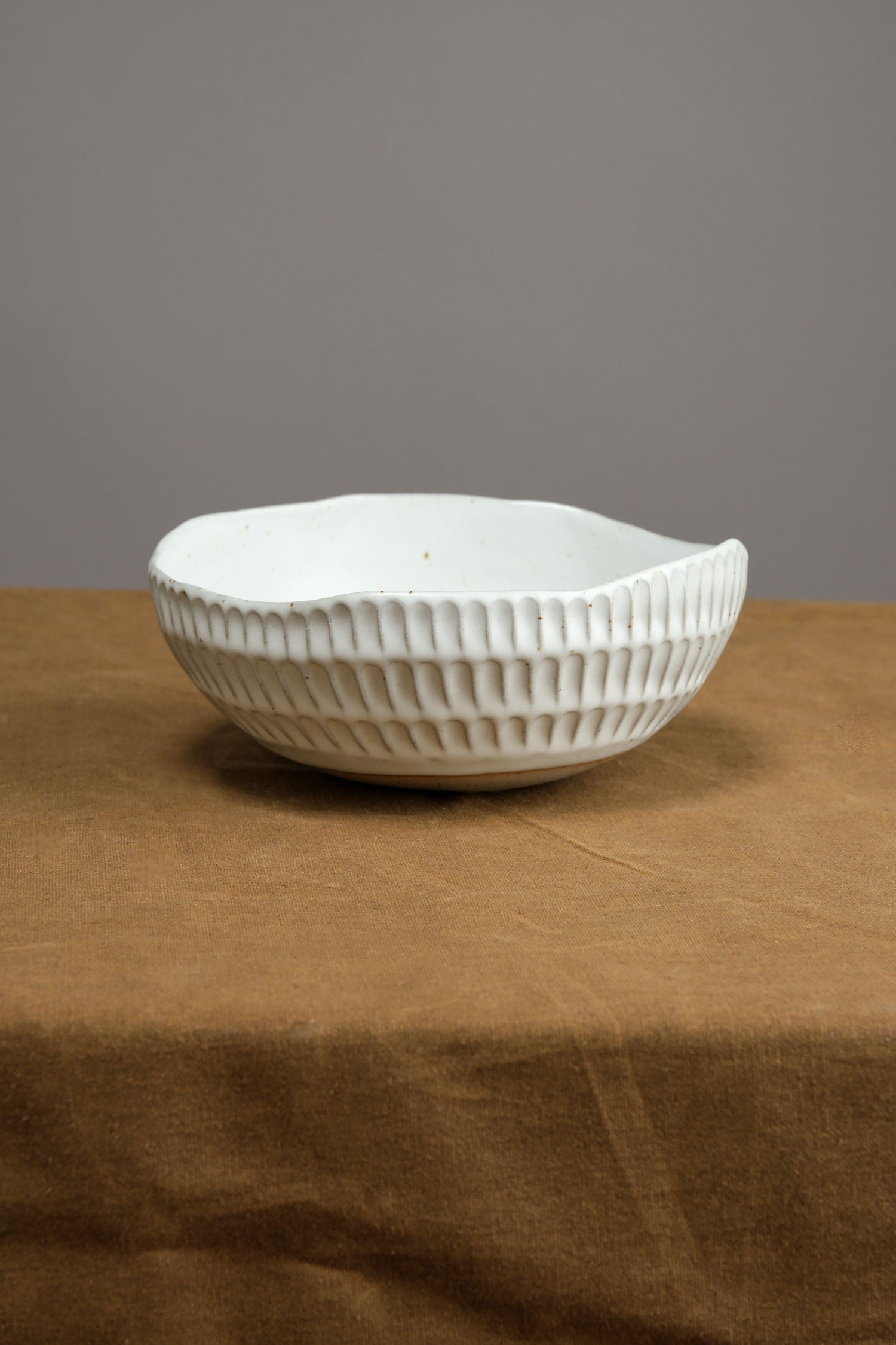 Carved Eggshell Morning Bowl in White Mt. Washington Pottery