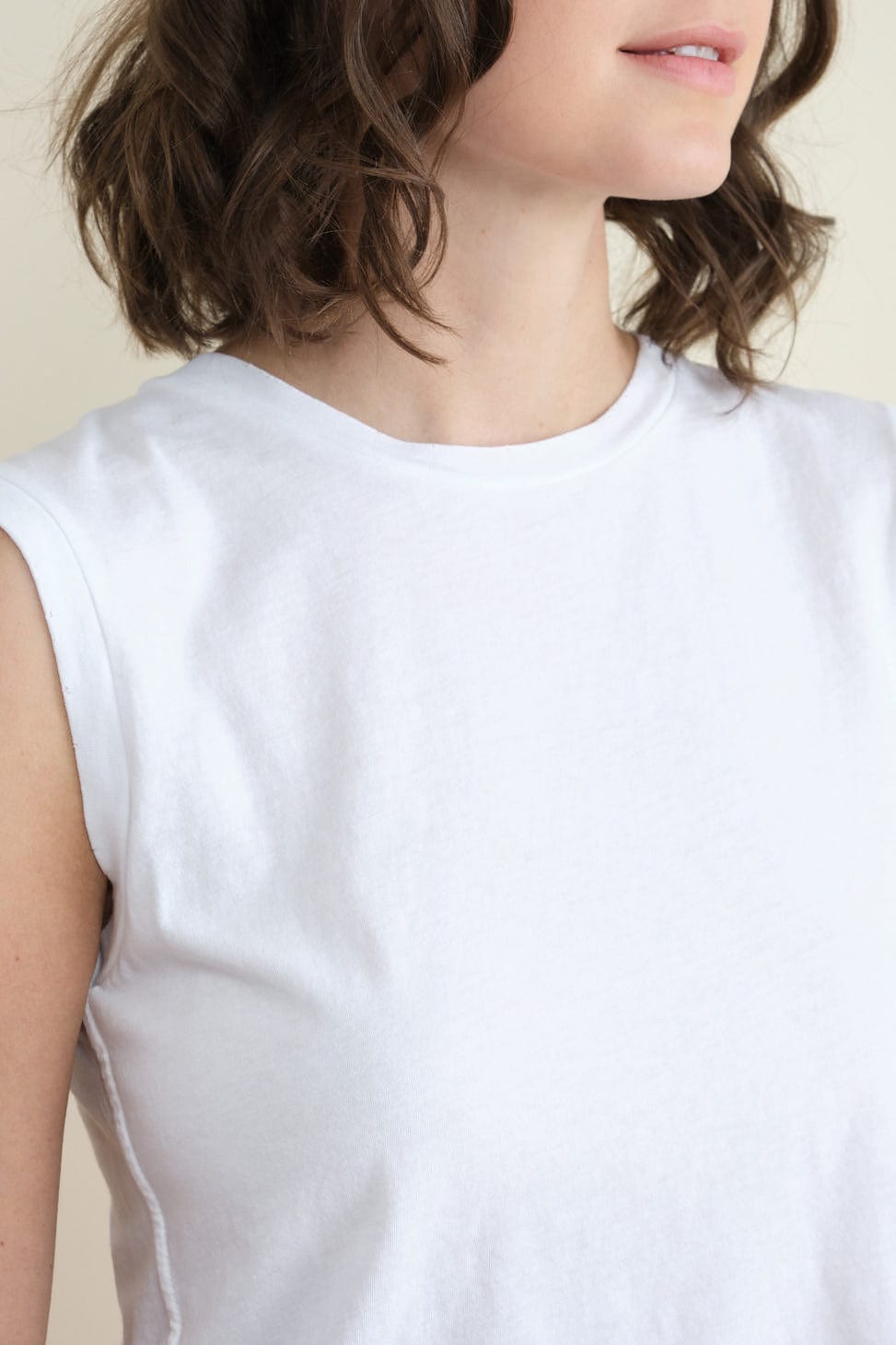 Neckline on Sleeveless Babe Tee in White