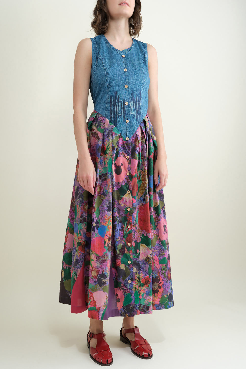 Front of Sleeveless Dress in Jeans and Flowers