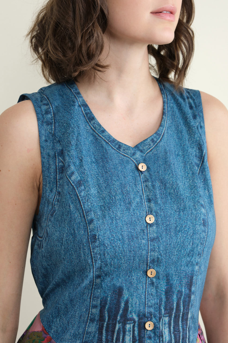 Neckline on Sleeveless Dress in Jeans and Flowers