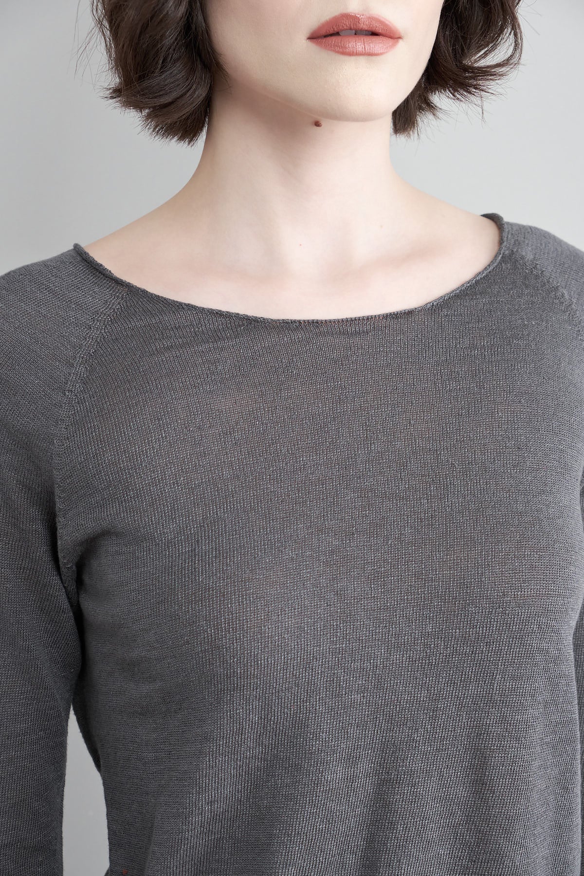 Neckline on Washable Linen Pullover in Blue Gray