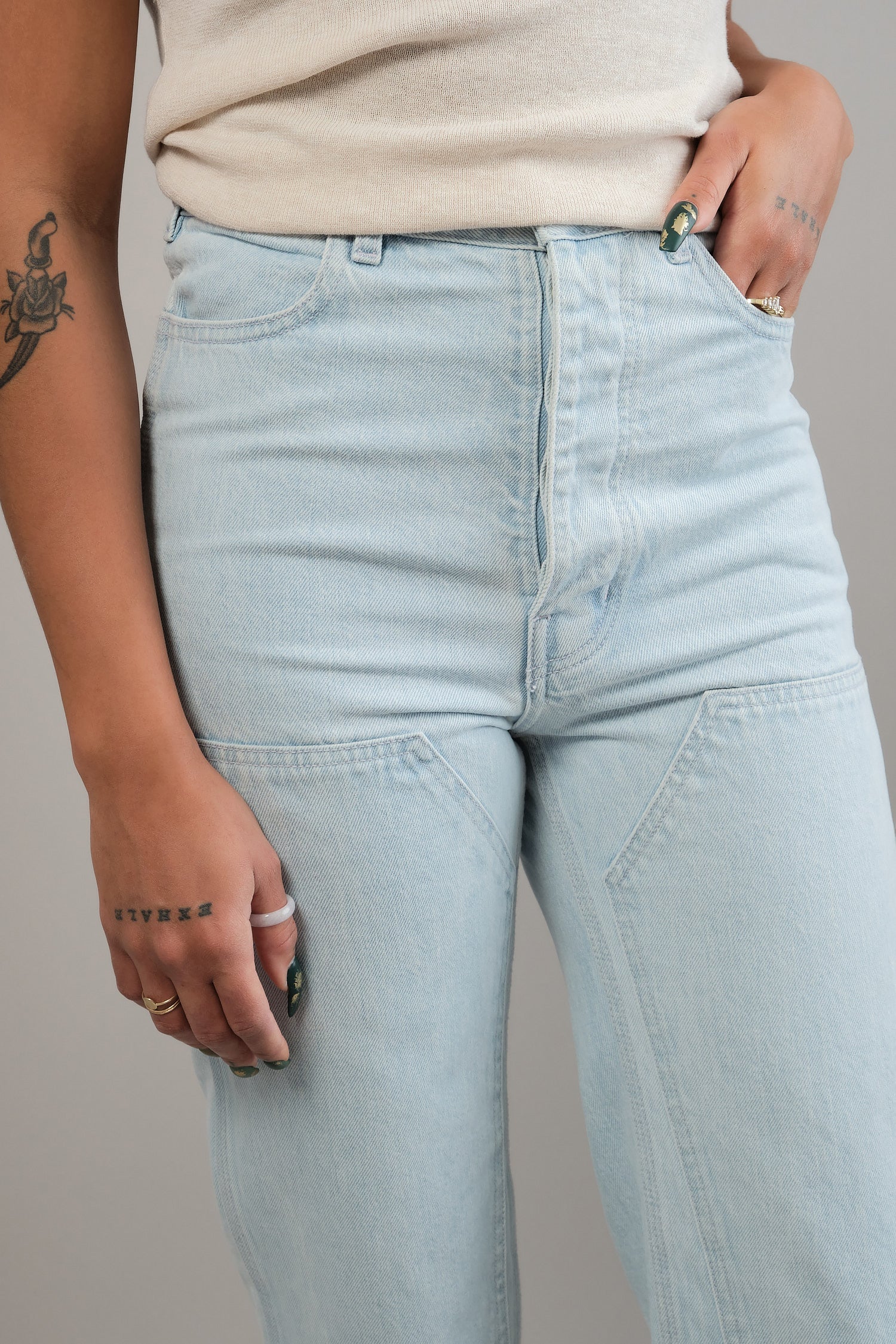 front pockets on Patchfront Handy Pants in Pale Blue