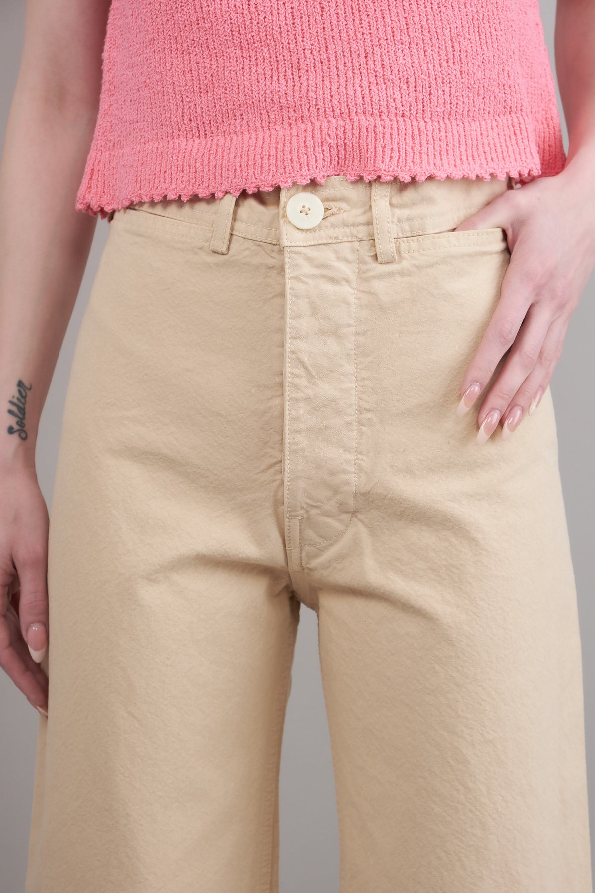 Front detailing on Sailor Pants in Buff