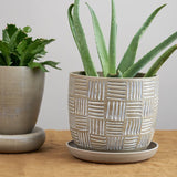 Kati Von Lehman Home Planters Etched Flowerpot Brown Stoneware/Eggshell / 7" D X 6.25" H