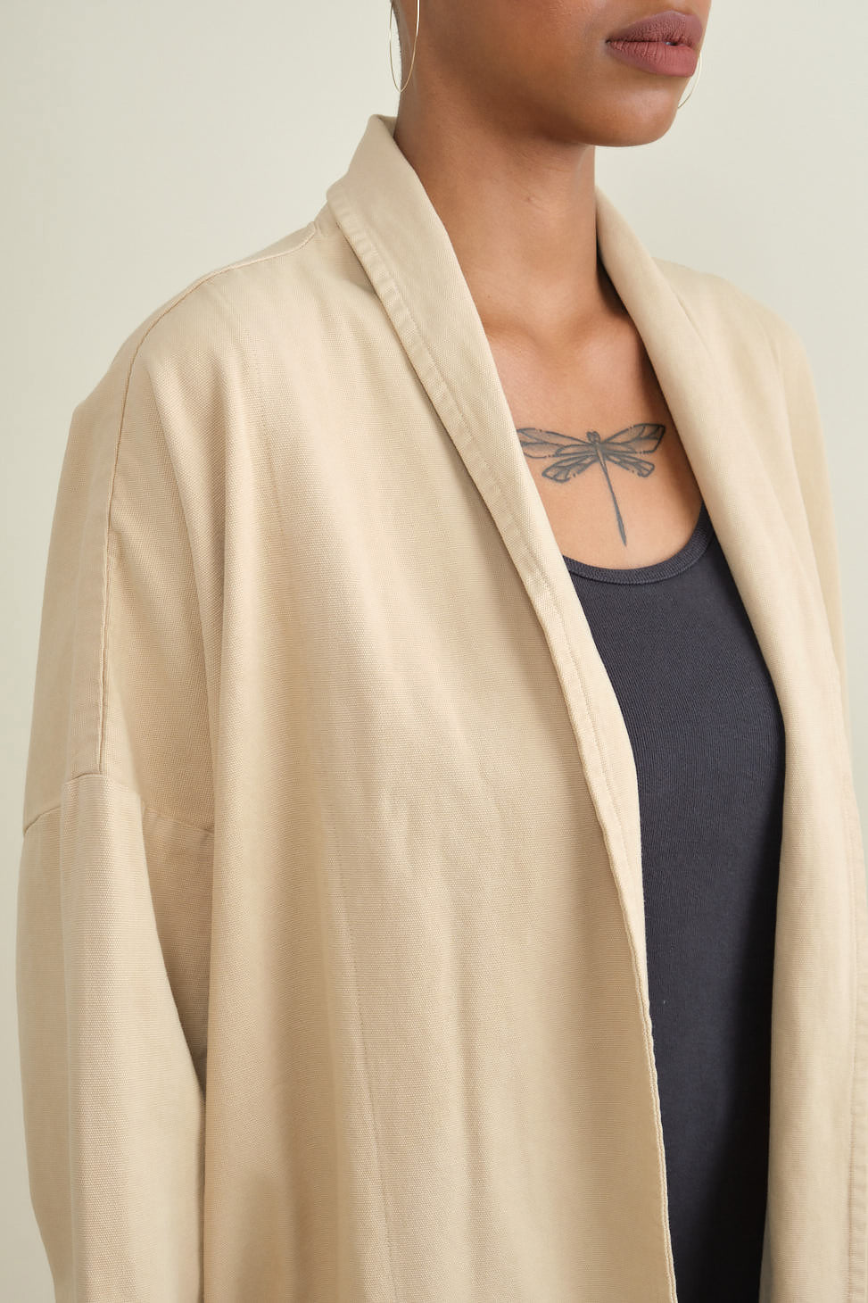 Shoulder and lapel on Kate Lab Coat in Wheat