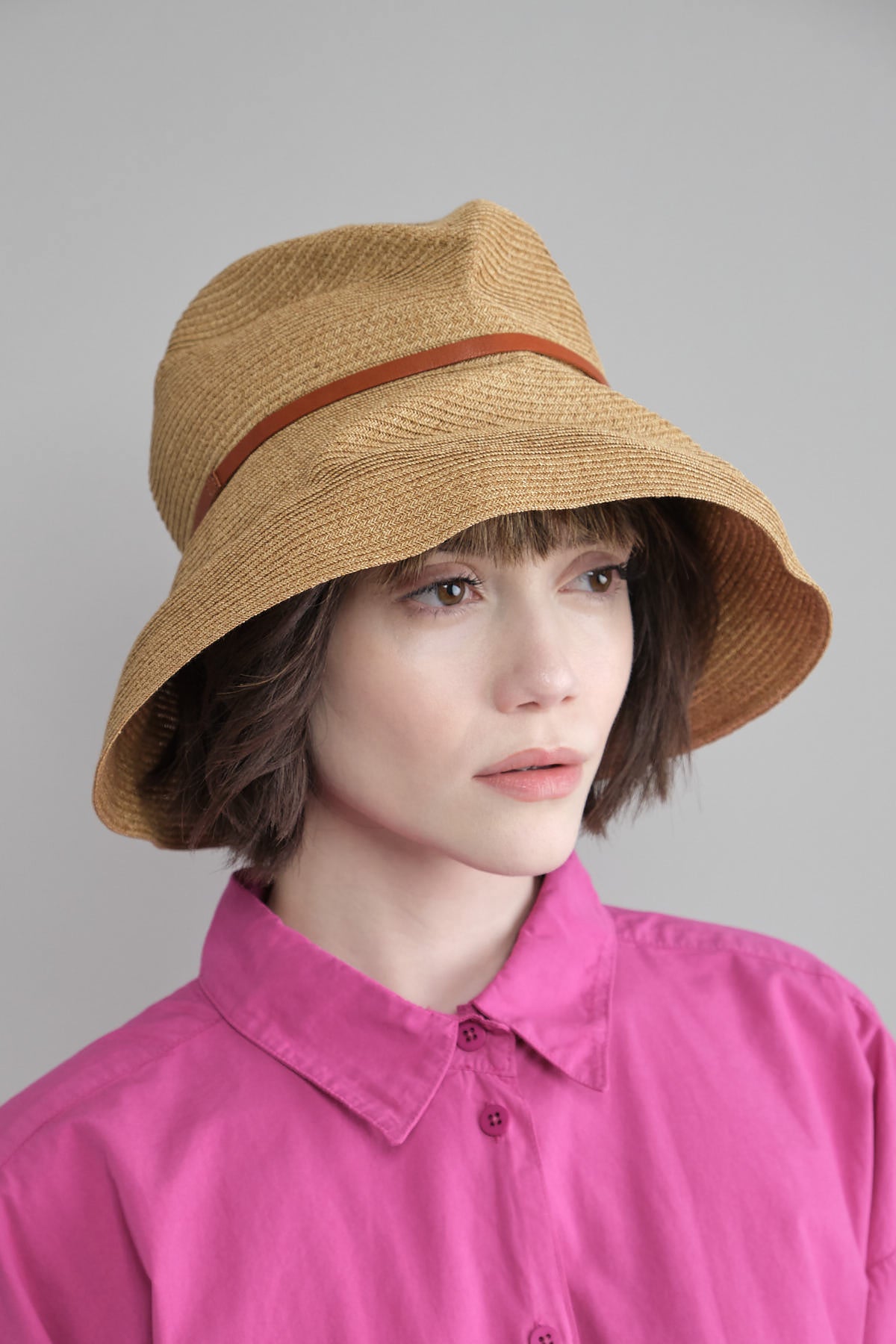 Boxed Hat with Leather Belt in Dark Brown