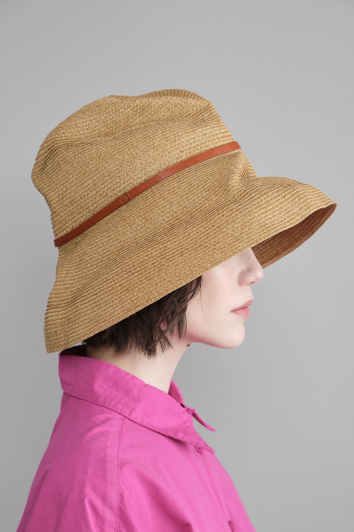 Boxed Hat with Leather Belt in Dark Brown