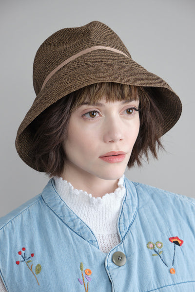 Dark Brown Boxed Hat with Beige Grosgrain Ribbon