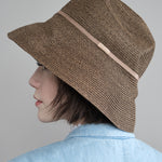 Side of Dark Brown Boxed Hat with Beige Grosgrain Ribbon