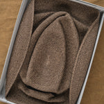 Dark Brown Boxed Hat with Beige Grosgrain Ribbon in box