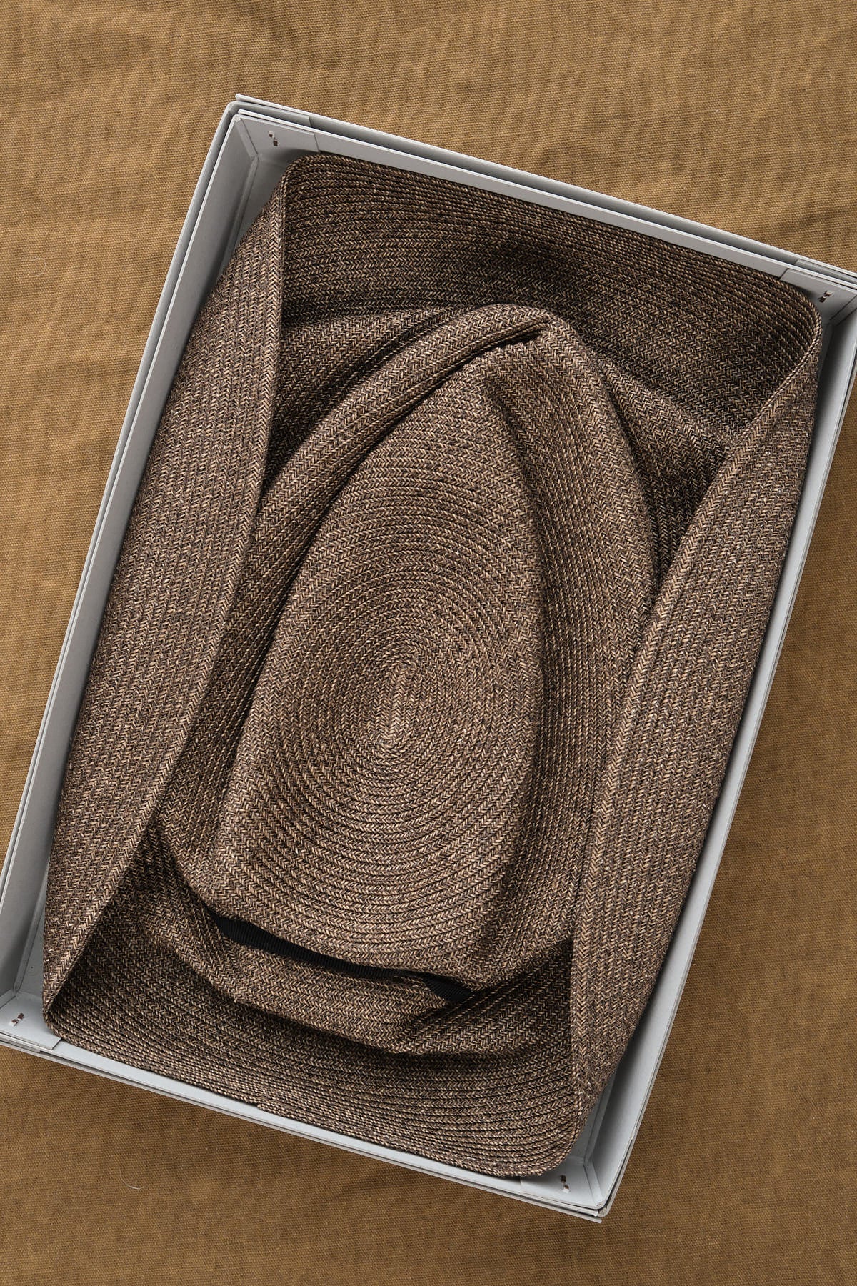 Dark Brown Boxed Hat with Beige Grosgrain Ribbon in box