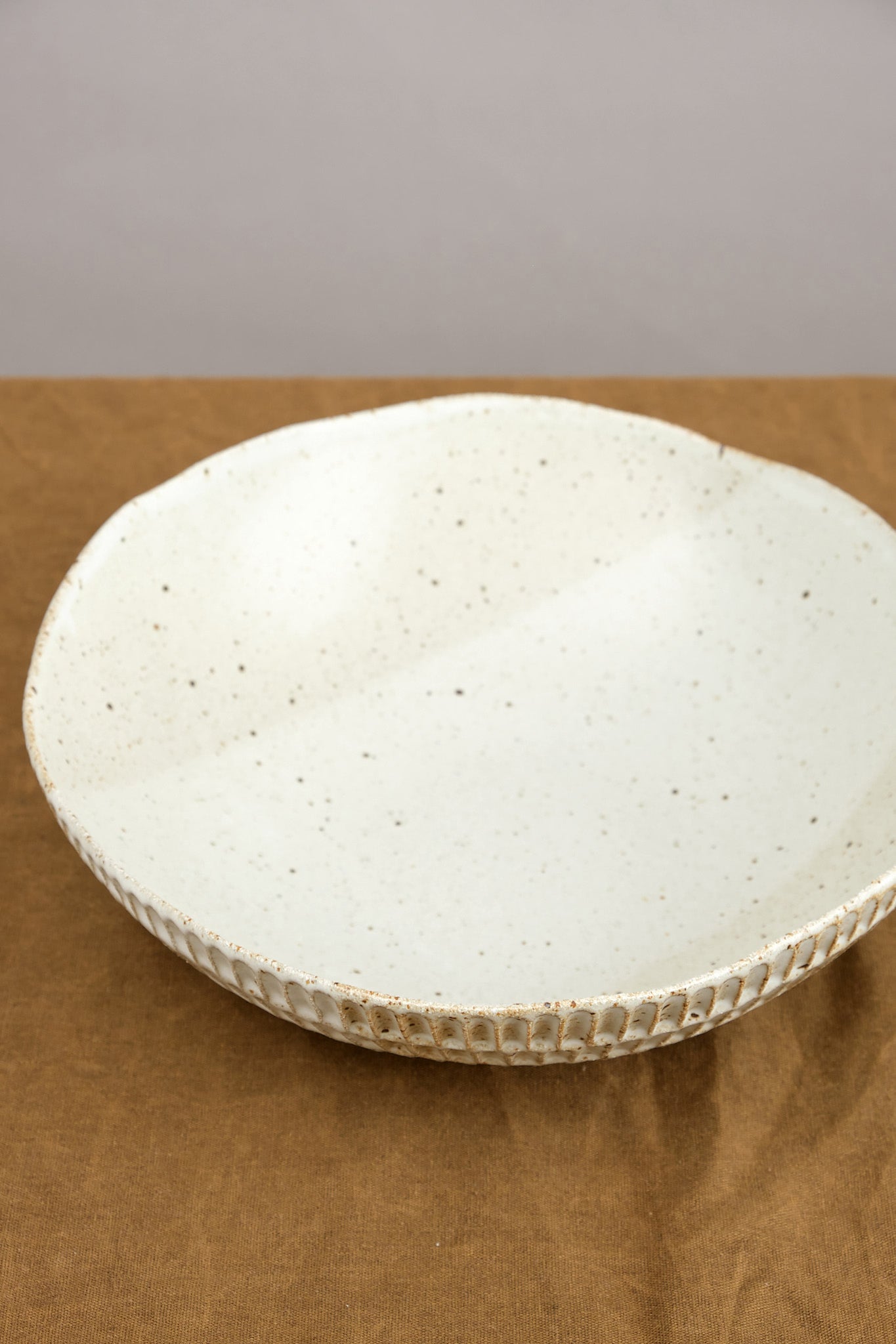 Carved Eggshell Serving Bowl in Speckled White Mt. Washington Pottery 