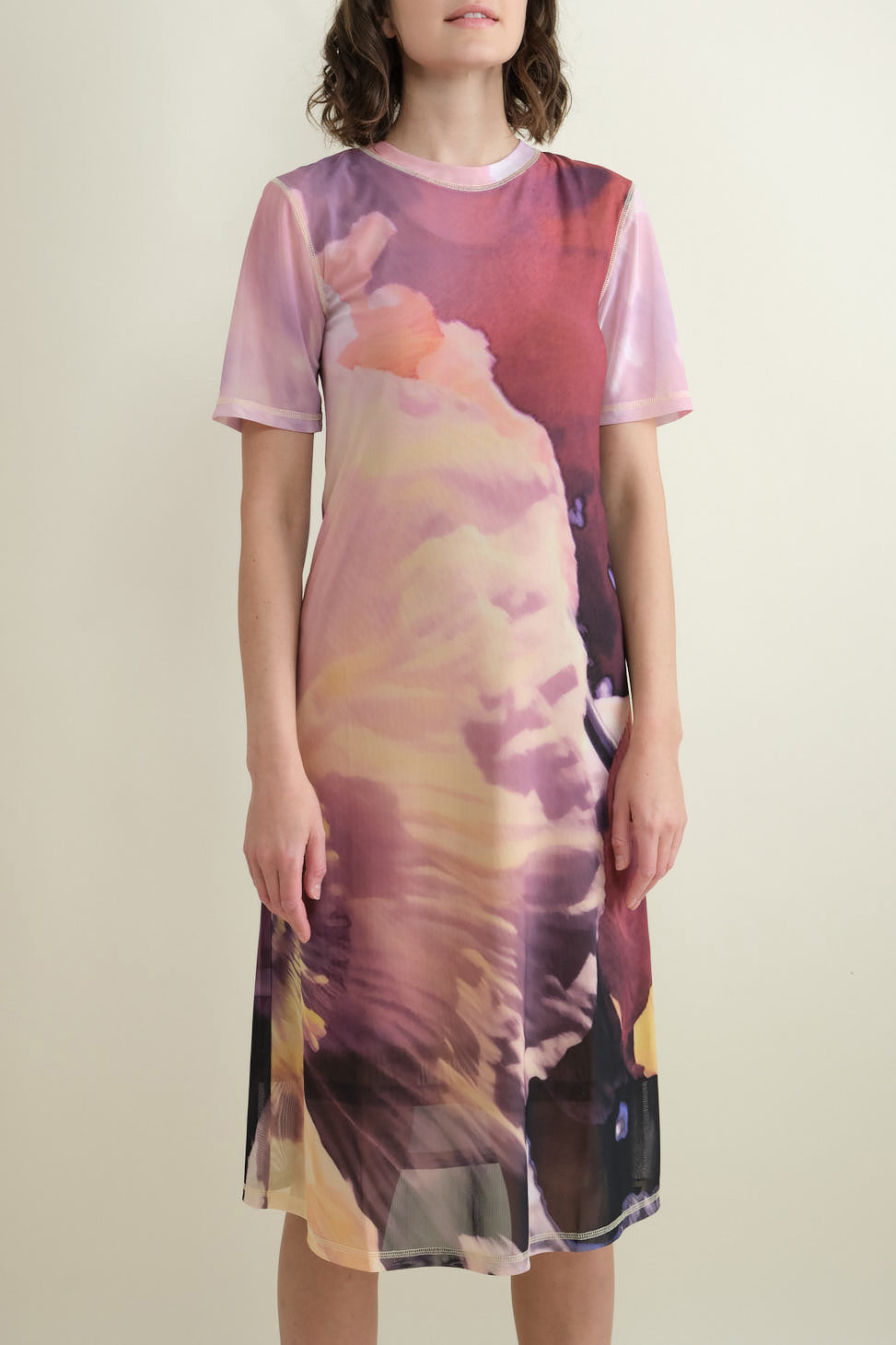 Front of Ella Dress in Pink Floral Abstract