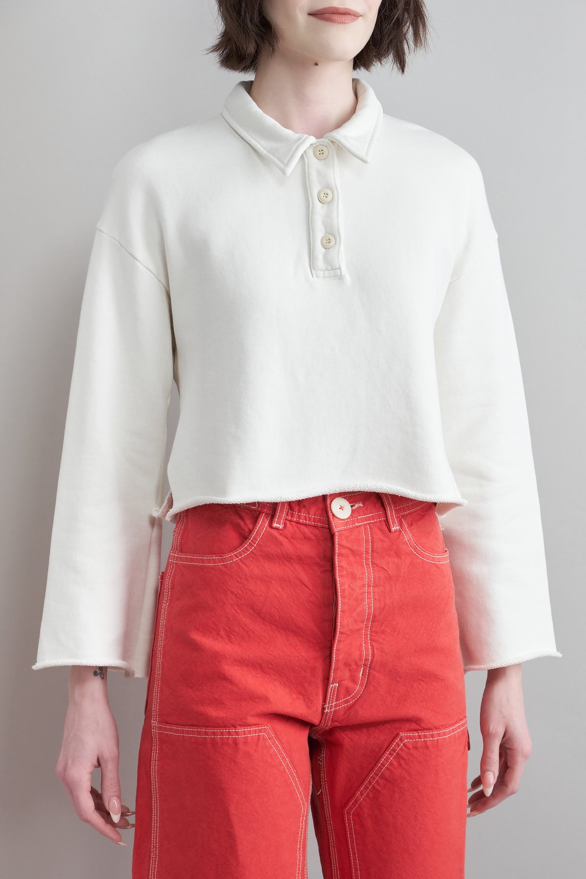 Front of Nelson Crop Polo in Soft White