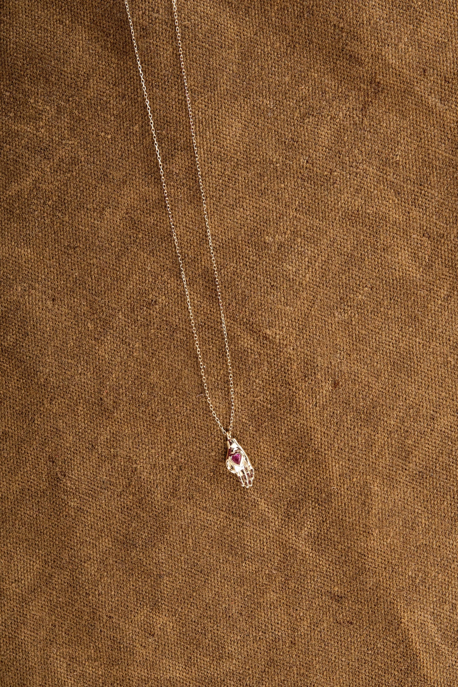 Pamela Love Jewelry Necklaces Heart in Hand Pendant Ruby / 16" Chain