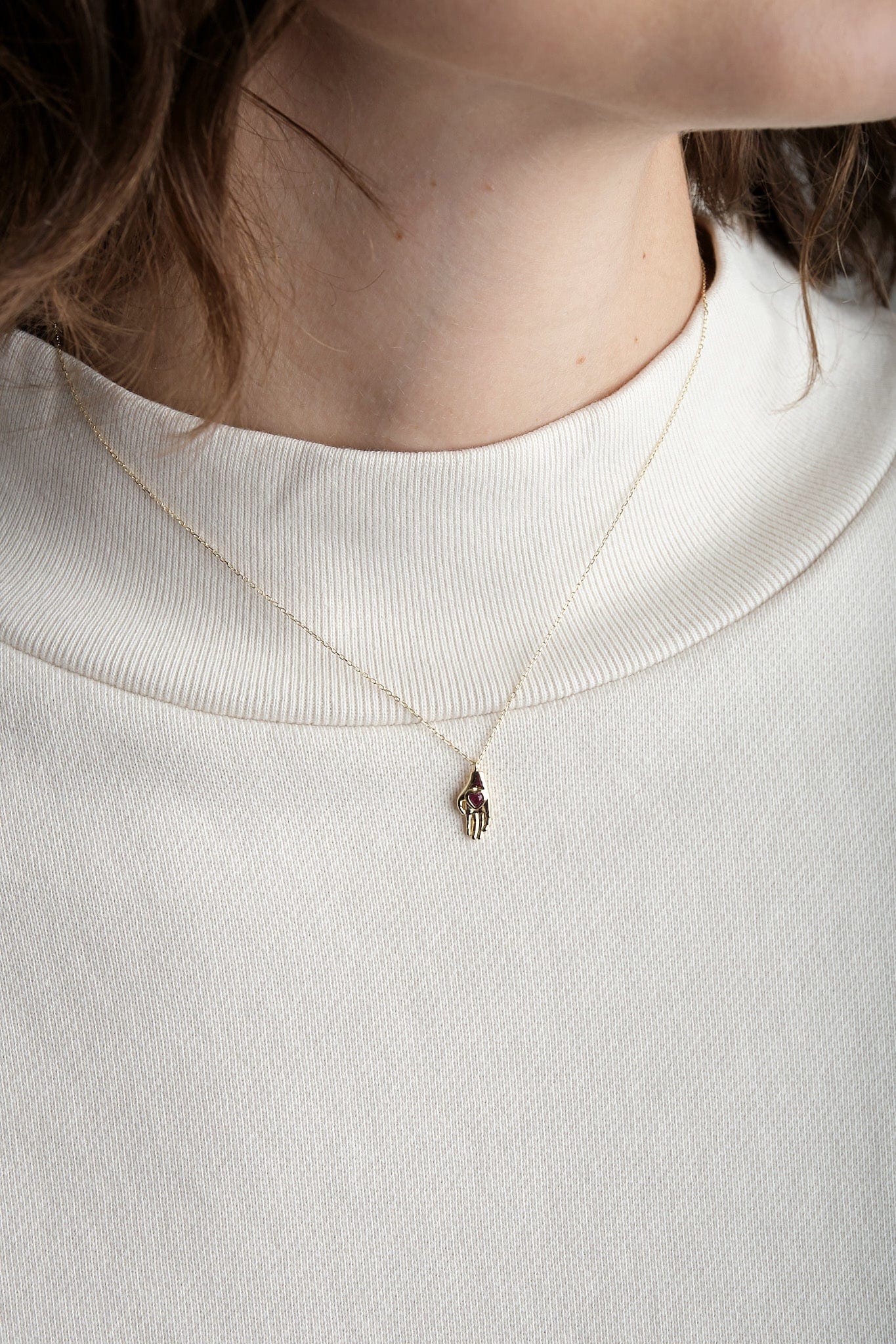 Pamela Love Jewelry Necklaces Heart in Hand Pendant Ruby / 16" Chain