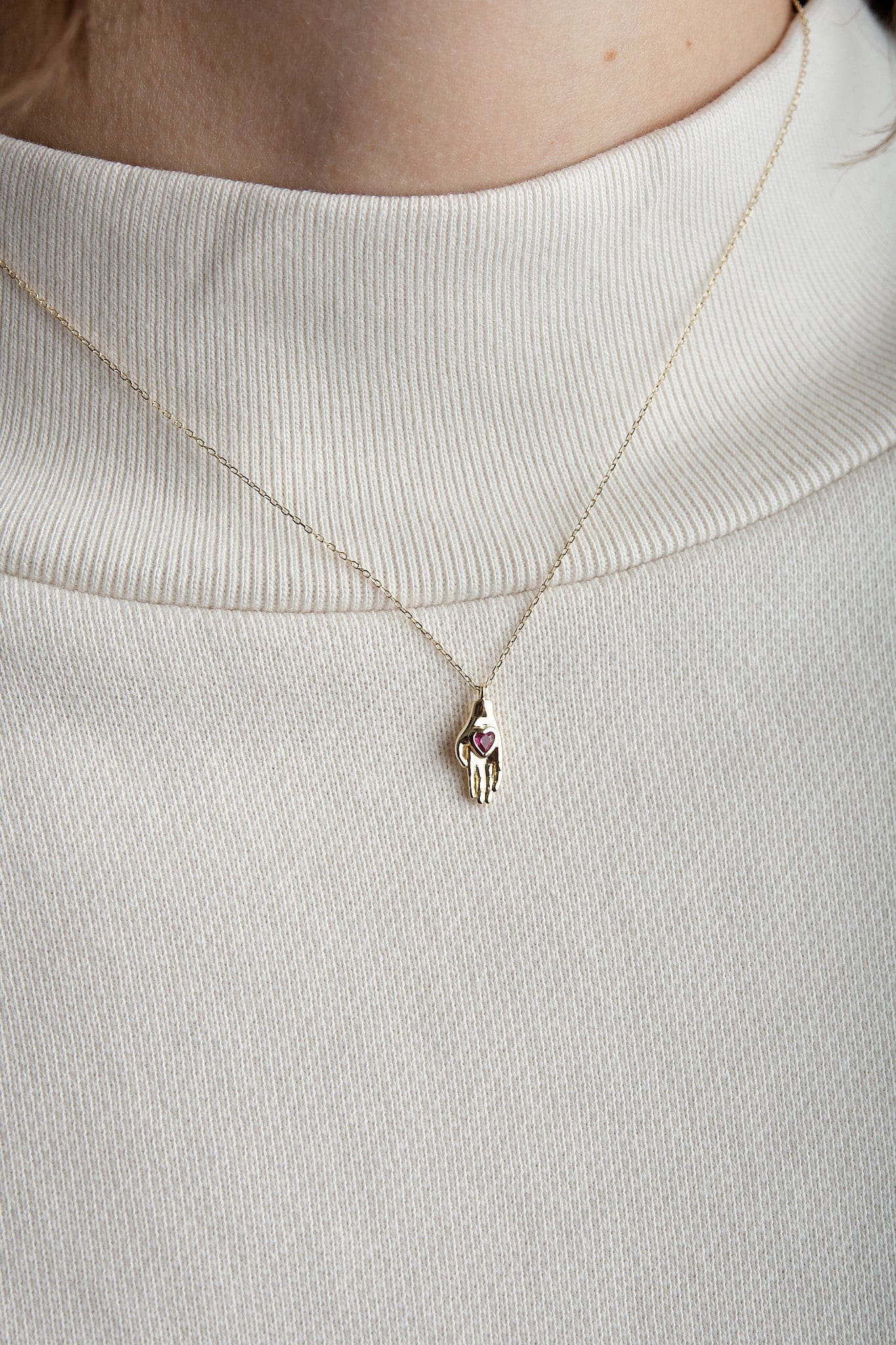 Pamela Love Jewelry Necklaces Heart in Hand Pendant Ruby / 16" Chain